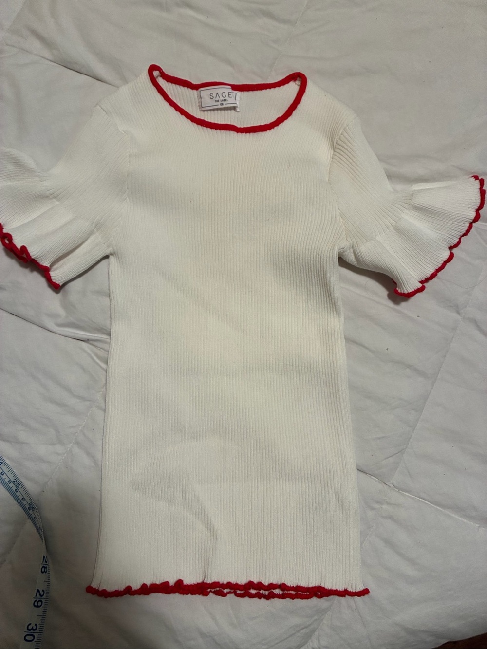 Sage White Knit womens top with Red Trim